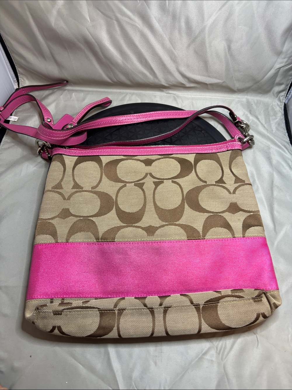 Coach Tan Signature Canvas Crossbody with Pink Trim